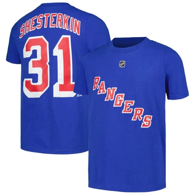 Outerstuff Kids' Big Boys Igor Shesterkin Blue New York Rangers Player Name And Number T-shirt