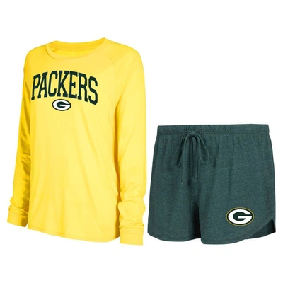 Concepts Sport Women's  Green, Gold Green Bay Packers Raglan Long Sleeve T-shirt And Shorts Lounge Se In Green,gold