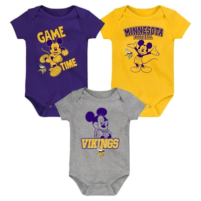 Outerstuff Babies' Newborn & Infant Purple/gold/gray Minnesota Vikings Three-piece Disney Game Time Bodysuit Set