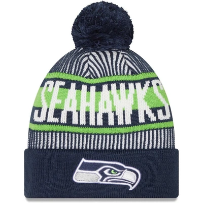 New Era College Navy Seattle Seahawks Striped Cuffed Knit Hat With Pom