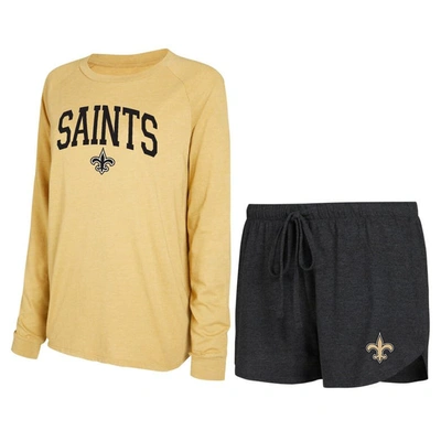 Concepts Sport Women's  Black, Gold New Orleans Saints Raglan Long Sleeve T-shirt And Shorts Lounge S In Black,gold