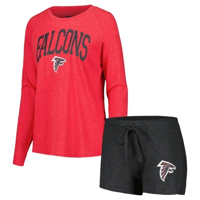Concepts Sport Women's  Black, Red Atlanta Falcons Raglan Long Sleeve T-shirt And Shorts Lounge Set In Black,red