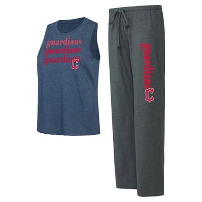 Concepts Sport Women's  Charcoal, Navy Cleveland Guardians Meter Muscle Tank And Pants Sleep Set In Charcoal,navy