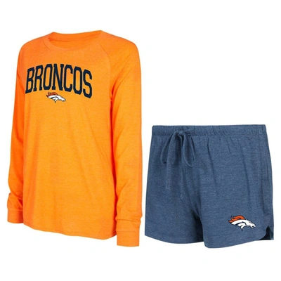 Concepts Sport Navy/orange Denver Broncos Raglan Long Sleeve T-shirt & Shorts Lounge Set