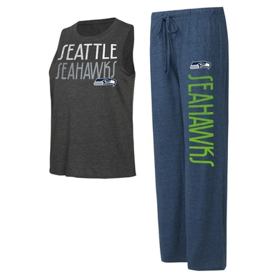 Concepts Sport Women's  Navy, Charcoal Distressed Seattle Seahawks Muscle Tank Top And Pants Lounge S In Navy,charcoal