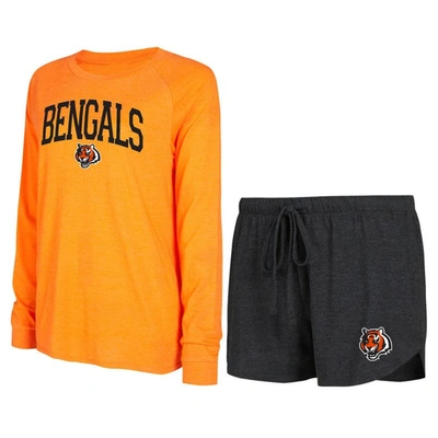 Concepts Sport Women's  Black, Orange Cincinnati Bengals Raglan Long Sleeve T-shirt And Shorts Lounge In Black,orange