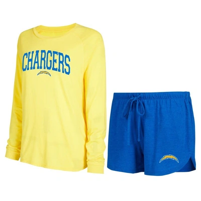 Concepts Sport Women's  Royal, Gold Los Angeles Chargers Raglan Long Sleeve T-shirt And Shorts Lounge In Royal,gold