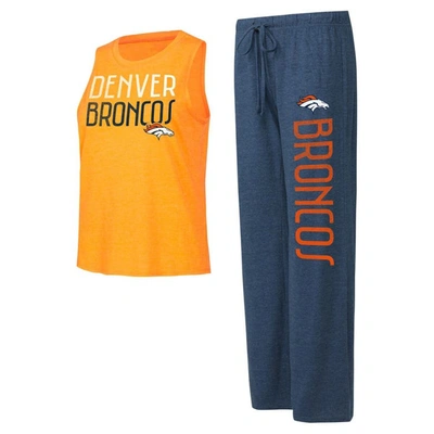 Concepts Sport Women's  Navy, Orange Distressed Denver Broncos Muscle Tank Top And Pants Lounge Set In Navy,orange