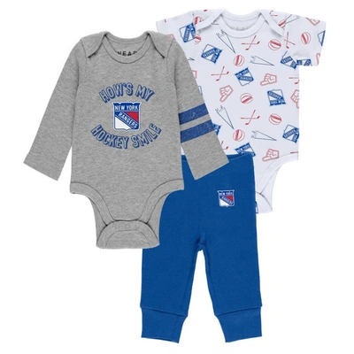 Wear By Erin Andrews Babies' New-born And Infant Boys And Girls Gray, White, Blue New York Rangers Three-piece Turn Me Around Bod In Gray,white,blue