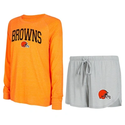Concepts Sport Women's  Gray, Orange Cleveland Browns Raglan Long Sleeve T-shirt And Shorts Lounge Se In Gray,orange