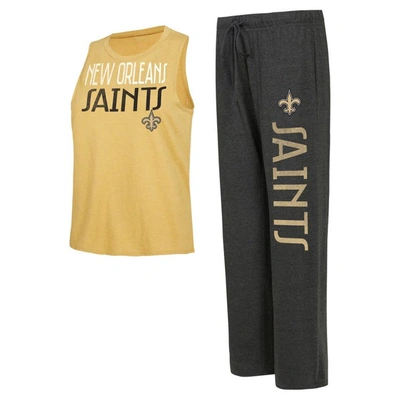 Concepts Sport Women's  Black, Gold Distressed New Orleans Saints Muscle Tank Top And Pants Lounge Se In Black,gold
