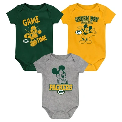 Outerstuff Baby Boys And Girls Green, Gold, Gray Green Bay Packers Three-piece Disney Game Time Bodysuit Set In Green,gold