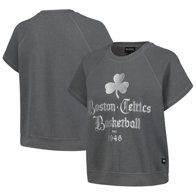 The Wild Collective Grey Boston Celtics Embroidered Fleece Raglan Short Sleeve Pullover Sweatshirt