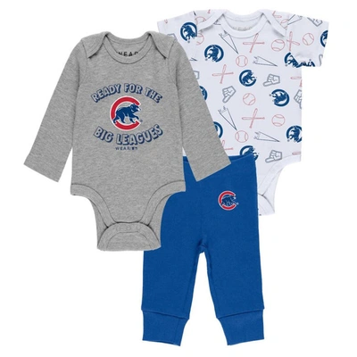 Wear By Erin Andrews Babies' Newborn & Infant  Gray/white/royal Chicago Cubs Three-piece Turn Me Around Bodys In Gray,white,royal