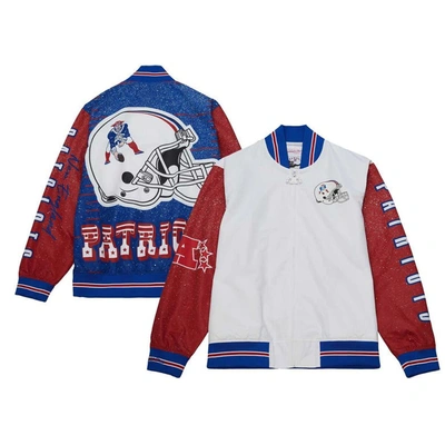 Mitchell & Ness Men's  White Distressed New England Patriots Team Burst Warm-up Full-zip Jacket