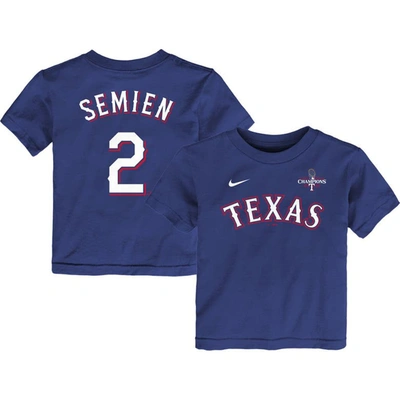 Nike Kids' Toddler  Marcus Semien Royal Texas Rangers 2023 World Series Champions Name & Number T-shirt