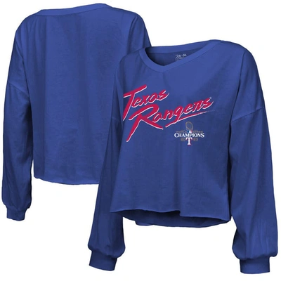 Majestic Threads Royal Texas Rangers 2023 World Series Champions Off-shoulder Script Cropped Long Sl
