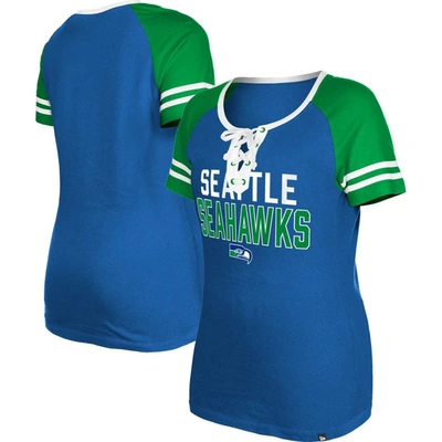New Era Royal Seattle Seahawks Throwback Raglan Lace-up T-shirt