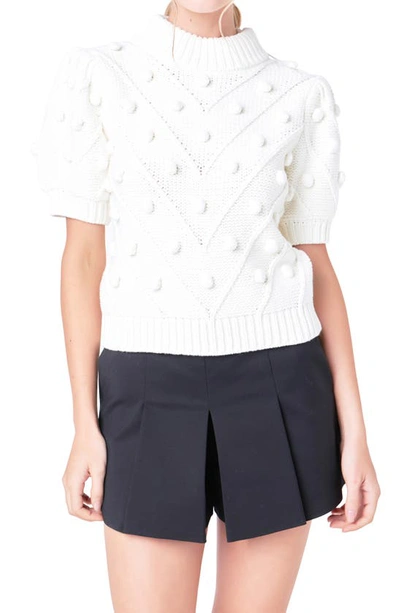 English Factory Pompom Puff Sleeve Sweater In Ivory