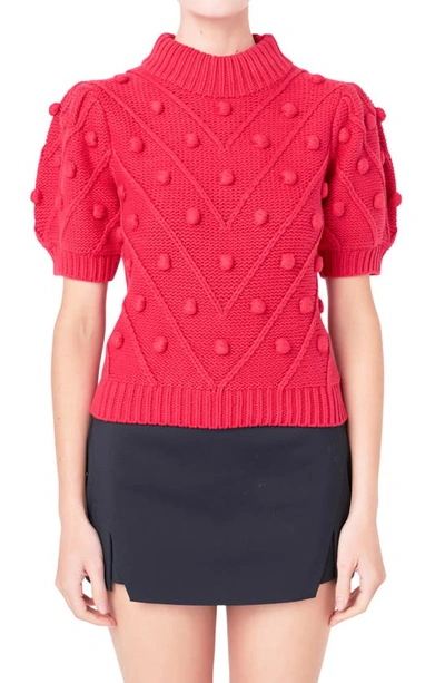 English Factory Pompom Puff Sleeve Sweater In Red