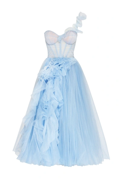 Milla One-shoulder Midi Tulle Dress In Light Blue