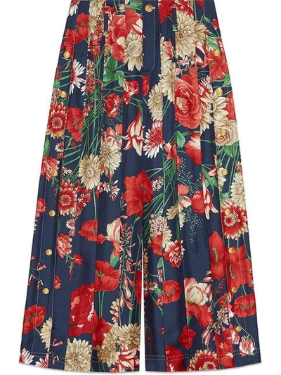 Gucci Spring Bouquet Silk Pleated Pant In Blue