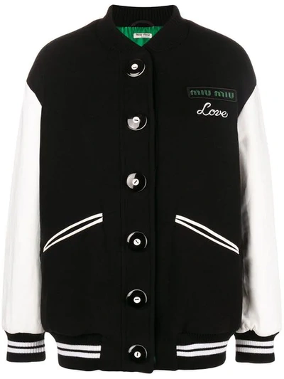 Miu Miu Leather-sleeve Wool Baseball Jacket In Black