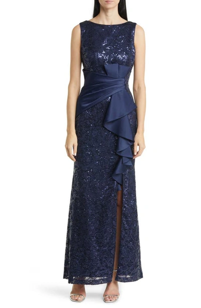 Eliza J Sequin Ruffle Sleeveless Lace Trumpet Gown In Navy