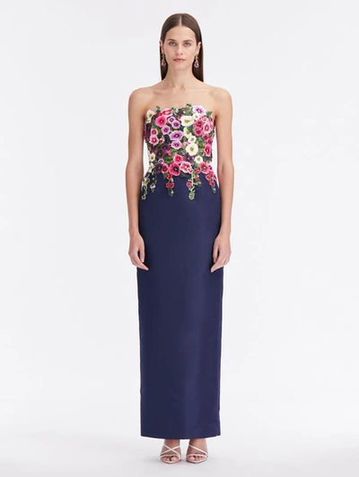 Oscar De La Renta Hollyhocks Threadwork Faille Gown In Navy Multi