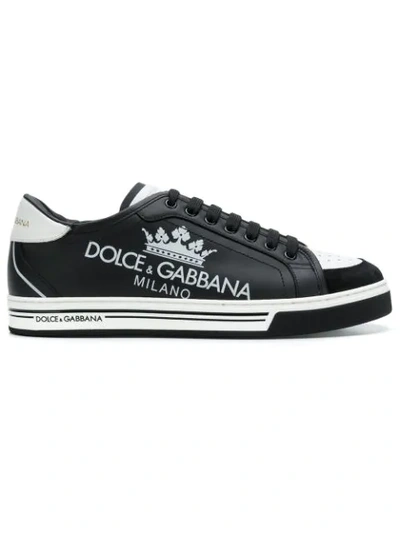 Dolce & Gabbana Printed Calfskin Roma Sneakers In Black