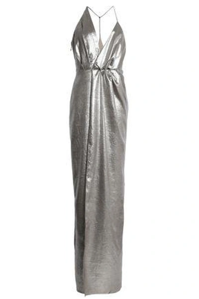 Halston Heritage Draped Lamé Gown In Silver