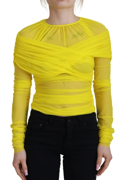Dolce & Gabbana Yellow Mesh Long Sleeves Nylon Blouse Women's Top
