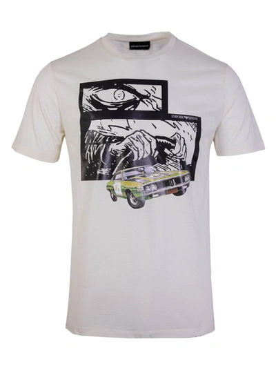 Emporio Armani Sophisticated White Cotton Tee With Colorful Men's Print