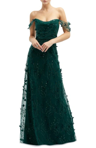 Dessy Collection 3d Embroidered Off The Shoulder Gown In Evergreen