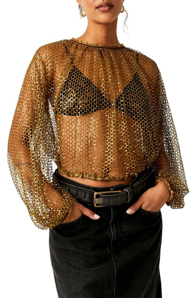 Free People Sparks Fly Sheer Sequin Top In Olive Tapenade