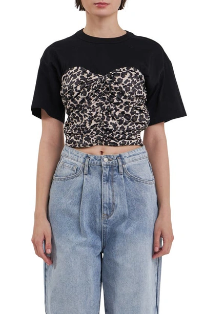 Grey Lab Leopard Smocked Crop T-shirt In Black Multi