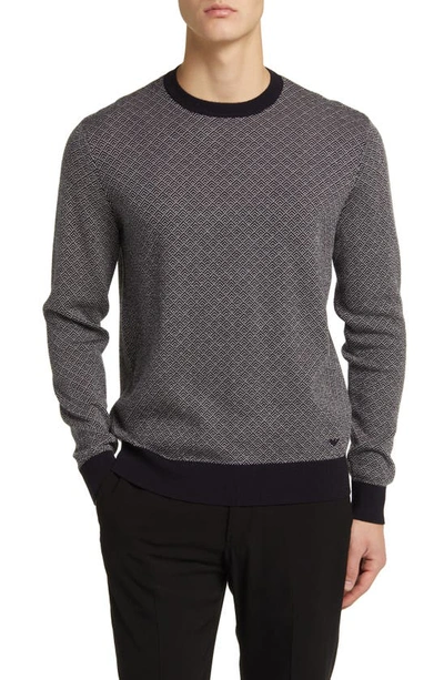 Emporio Armani Geometric Jacquard Virgin Wool Sweater In Solid Blue