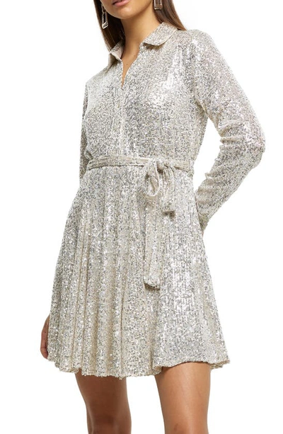 River Island Sequin Long Sleeve Shirtdress In Silver