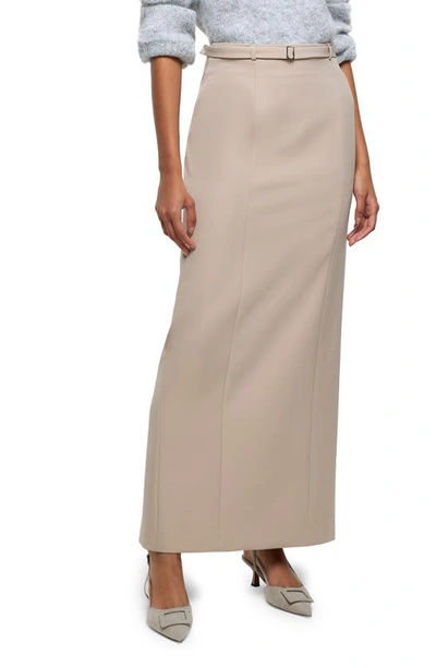 River Island Belted A-line Maxi Skirt In Beige