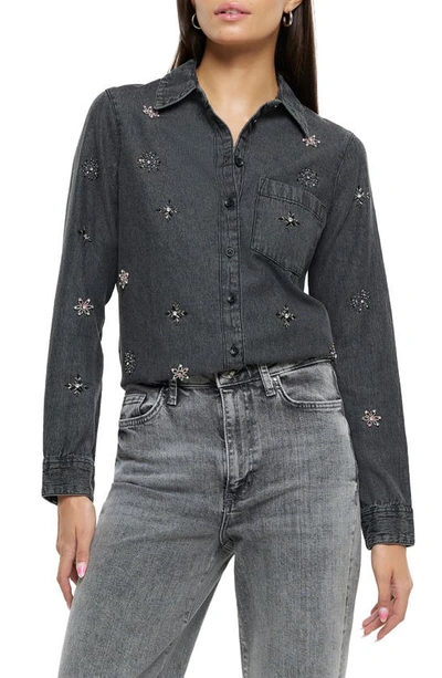 River Island Crystal Embellished Denim Button-up Shirt In Grey