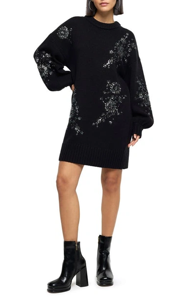 River Island Jessie Crystal Floral Embellished Long Sleeve Sweater Dress In Black
