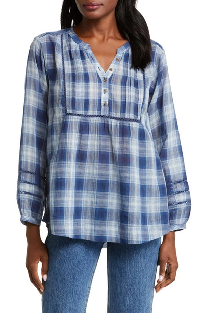 Lucky Brand Plaid Long Sleeve Cotton Popover Top In Blue