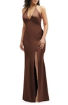 After Six Plunge Neck Charmeuse Halter Gown In Cognac