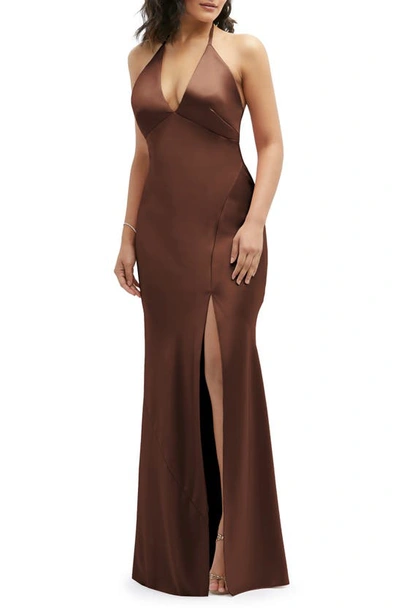 After Six Plunge Neck Charmeuse Halter Gown In Cognac