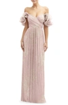 After Six Ruffle Off The Shoulder Metallic Column Gown In Pink Gold Foil