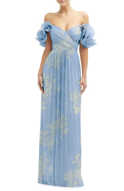 After Six Ruffle Off The Shoulder Metallic Column Gown In Blue