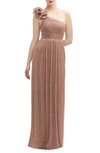 After Six Ruffle One-shoulder Metallic Column Gown In Brown