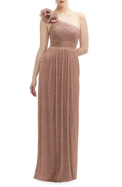 After Six Ruffle One-shoulder Metallic Column Gown In Brown