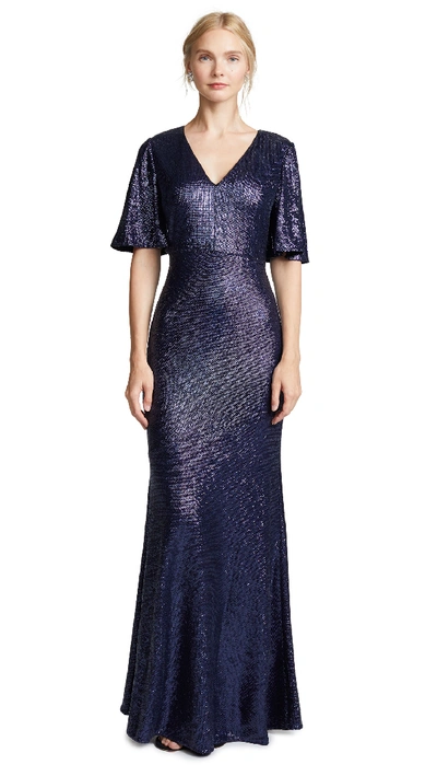 Rachel Zoe Heather Flutter Sleeve Sequin Gown In Navy