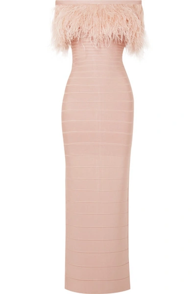 Herve Leger Off-the-shoulder Feather-trimmed Bandage Gown In Bare